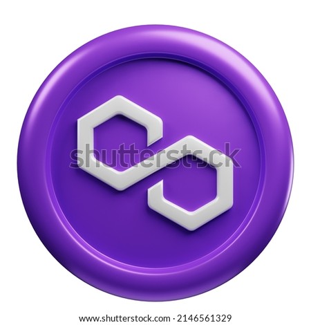 3d rendering front view cryptocurrency MATIC or Polygon purple coin with white background, good use for blockchain or cryptocurrency design theme