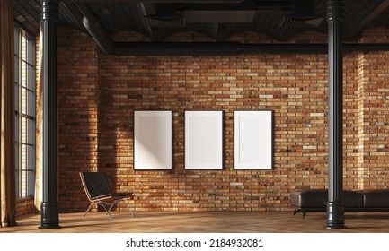 3d Rendering Front View Of Exposed Brick Wall, With Three Empty Frames. Architecture, Without Decoration. Detail Of Two Columns And Industrial Style Roof. Large Window On The Left Of The Scene