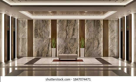 3d rendering front view of modern luxury hotel and office reception and lounge with sofa near elevators corridor with panoramic, 3D illustration design 