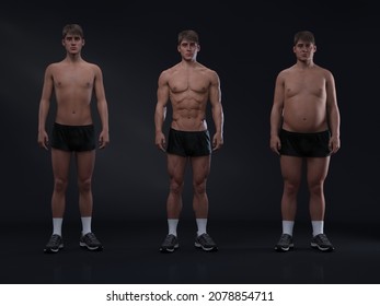 3D Rendering : Front view of standing handsome male body type : ectomorph (skinny type), mesomorph (muscular type), endomorph(heavy weight type)
