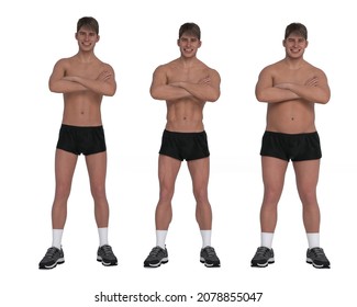 3D Rendering : Front view of standing male body type : ectomorph (skinny type), mesomorph (muscular type), endomorph(heavy weight type)
