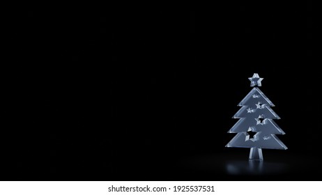 3d rendering of frosted glass symbol of Christmas tree with stars isolated on black background with blurry reflections on the floor