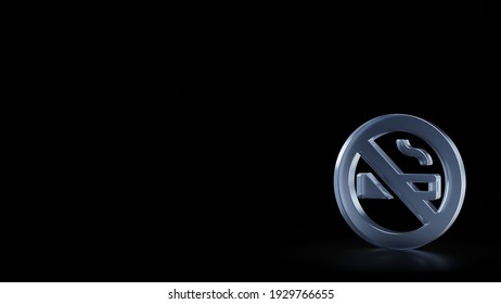 3d Rendering Of Frosted Glass Symbol Of Cigarette In Ban Circle With Slash Isolated On Black Background With Blurry Reflections On The Floor