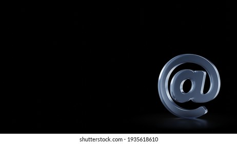 3d Rendering Of Frosted Glass Symbol Of At Sign Isolated On Black Background With Blurry Reflections On The Floor