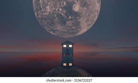 3D Rendering. Full Moon Behind The Hill Top House, Standing In The Lake. Animated Moon Rising Behind The Roof Of The House