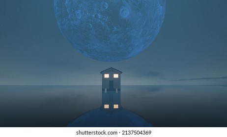 3D Rendering. Full Moon Behind The Hill Top House, Standing In The Lake. Animated Moon Rising Behind The Roof Of The House