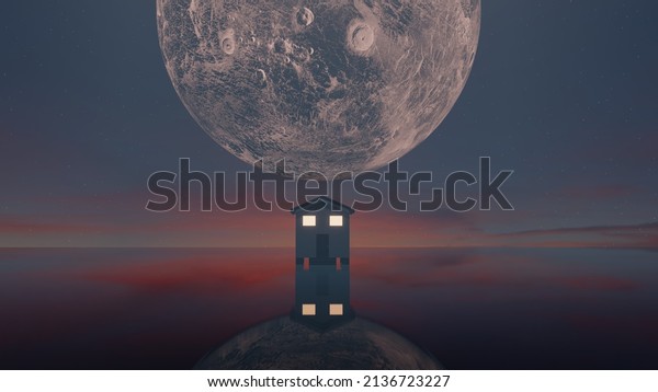 3D Rendering. Full moon behind the hill top house,\
standing in the lake. Animated Moon rising behind the roof of the\
house