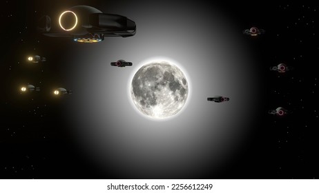 3d rendering of a full moon surrounded by spaceships.