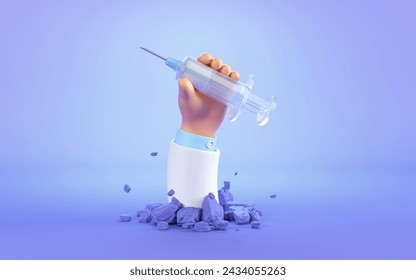 3D rendering, funny cartoon doctor character, flexible white hand with syringe, clipart isolated on white background. Virus vaccine metaphor - Powered by Shutterstock