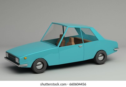 3d Rendering Of Funny Retro Styled Blue Car. Glossy Bright  Vehicle On Grey Background With Realistic Shadows. Three-quarter View From Above