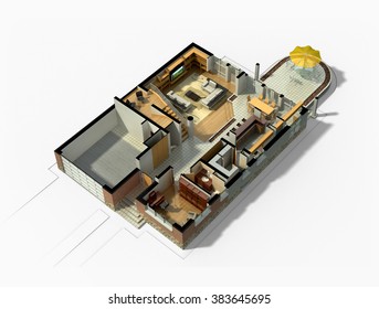 3D Rendering Of A Furnished Residential House, With The First Floor Plan, Showing The Living Room, Dining Room, Foyer, Terrace And Garage.