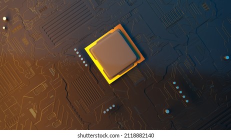 3d rendering of a futuristic circuit board with surface mount components, including capacitors and a microprocessor