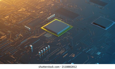 3d rendering of a futuristic circuit board with surface mount components, including capacitors, a chipset and a microprocessor