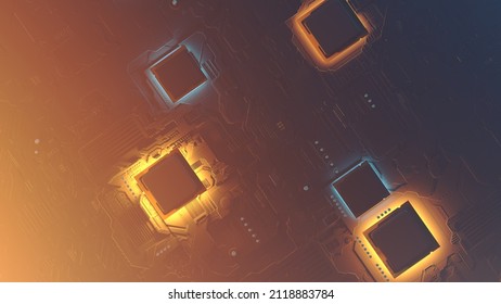 3d rendering of a futuristic circuit board with surface mount components, including capacitors, chipsets and microprocessors