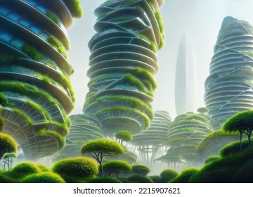 3d Rendering Of Futuristic Environmentally Friendly Green City With Sophisticated Architecture