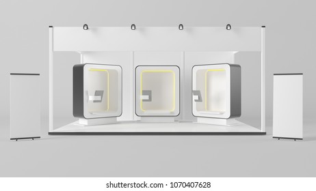 3d Rendering Of A Futuristic Exhibition With Three Booths And An Ipad Holders Inside A Studio