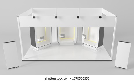 3d Rendering Of A Futuristic Exhibition With Three Booths And An Ipad Holders Inside A Studio