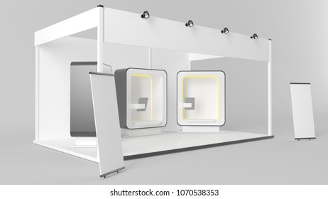 3d Rendering Of A Futuristic Exhibition With Three Booths And An Ipad Holders Inside A Studio