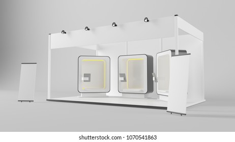 3d Rendering Of A Futuristic Exhibition With Three Booths And An Ipad Holders Inside A Studio