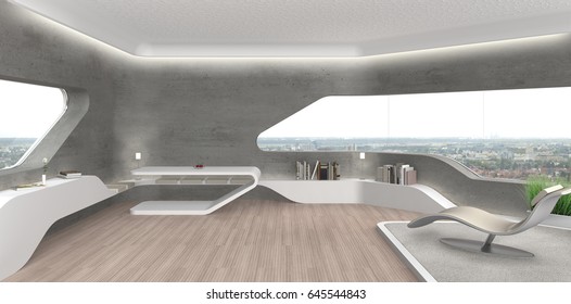 3D Rendering Of A Futuristic Modern Living Room Interior With Fair Faced Concrete Wall