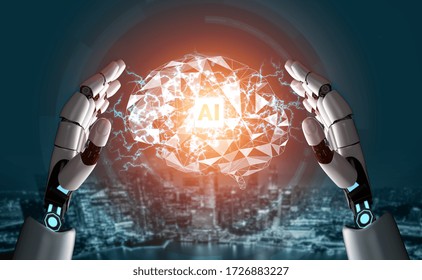 3D Rendering futuristic robot technology development, artificial intelligence AI, and machine learning concept. Global robotic bionic science research for future of human life.