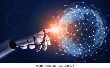 3D Rendering Futuristic robot technology development, artificial intelligence AI, and machine learning concept. Global robotic bionic science research for future human life. 3D illustration - Shutterstock ID 2324286371