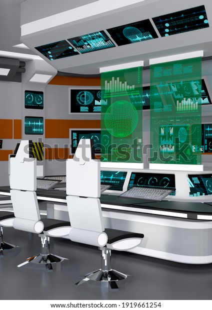 3D rendering of a futuristic sceince fiction\
command and control\
center