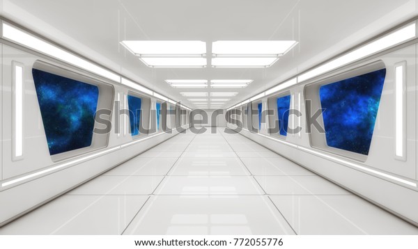 3d Rendering Futuristic Spaceship Interior Corridor Stock