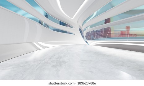 3D Rendering Futuristic Streamlined Interior Space Design