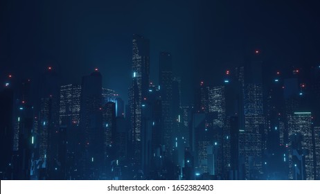 3D Rendering Of Futuristic Virtual Sci Fi City. Many High Sky Scrapper Building Towers.  Concept For Night Life, Business Vision, Technology Product 