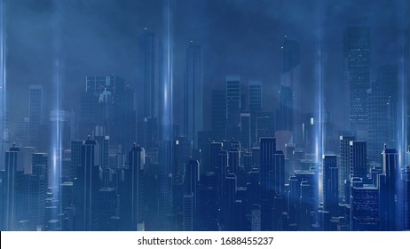 3D Rendering Of Futuristic Virtual Sci Fi City. Many High Sky Scrapper Building Towers.  Concept For Night Life, Business Vision, Technology Product 