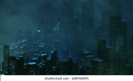 3D Rendering Of Futuristic Virtual Sci Fi City. Many High Sky Scrapper Building Towers.  Concept For Night Life, Business Vision, Technology Product 