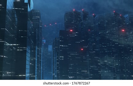 3D Rendering Of Futuristic Virtual Sci Fi City. Many High Sky Scrapper Building Towers.  Concept For Night Life, Business Vision, Technology Product 