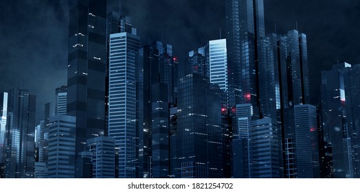 3D Rendering Of Futuristic Virtual Sci Fi City. Many High Sky Scrapper Building Towers.  Concept For Night Life, Business Vision, Technology Product Background