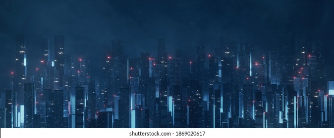 3D Rendering Of Futuristic Virtual Sci Fi City. Many High Sky Scrapper Building Towers.  Concept For Night Life, Business Vision, Cyberpunk, Technology Product Background