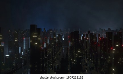 3D Rendering Of Futuristic Virtual Sci Fi City. Many High Sky Scrapper Building Towers.  Concept For Night Life, Business Vision, Cyberpunk, Technology Product Background