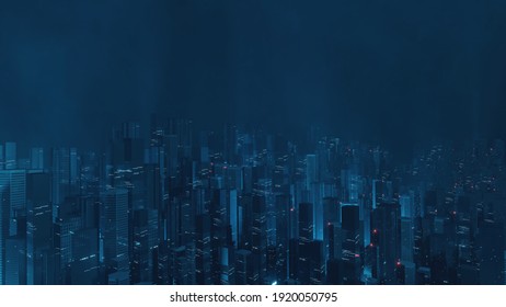 3D Rendering Of Futuristic Virtual Sci Fi City. Many High Sky Scrapper Building Towers.  Concept For Night Life, Business Vision, Cyberpunk, Technology Product Background