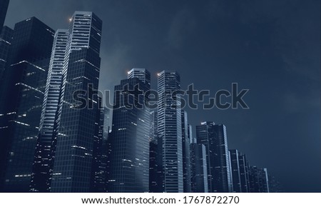 3D Rendering of futuristic virtual sci fi city. Many high sky scrapper building towers.  Concept for night life, business vision, technology product 