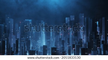 3D Rendering of futuristic virtual sci fi city. Many high sky scrapper building towers.  Concept for night life, business vision, cyberpunk, technology product background