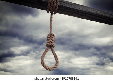 3d rendering of a gallow rope on cloudy sky background. Sinister concept