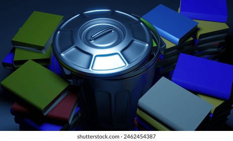 3d rendering of garbage can and pile of books