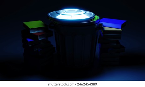 3d rendering of garbage can and pile of books
