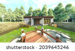 3D rendering of the garden with pond