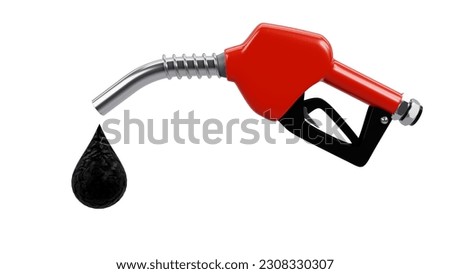 3d rendering of gasoline pump nozzle with drop crude oil on isolated white background, oil industry and refuel service concept
