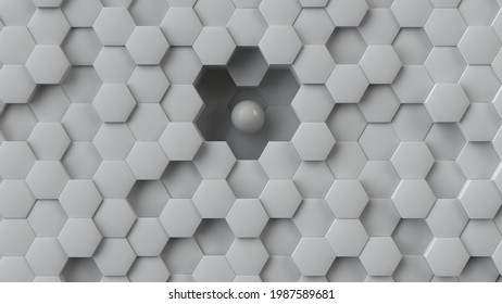 3d rendering of a geometric background of hexagons and a white perfect sphere. White hexagons of different heights form a beautiful, abstract landscape. Cellular design, desktop screensaver.