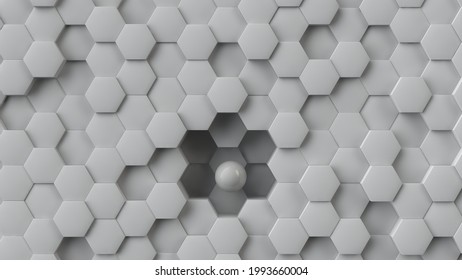 3d rendering of a geometric background of hexagons and a white perfect sphere. White hexagons of different heights form a beautiful, abstract landscape. Cellular design, desktop screensaver.