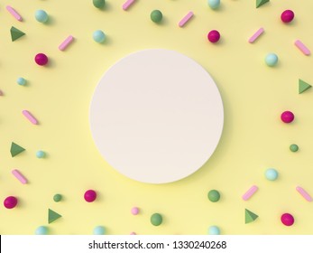 3d Rendering. Geometric Forms Composition. Pink, Green, Violet And Blue Shapes And A White Circle Mockup, On The Pastel Pink Background.  Flat Lay, Top View, Front View, Copy Space. Pastel Colors. 