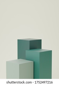 3D rendering of geometric podium for product display, exhibition stand on light green background.