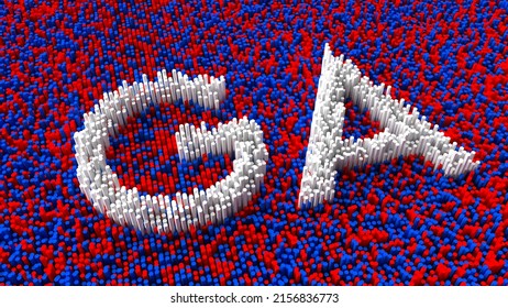 A 3d rendering of Georgia state abbreviation on red and blue background