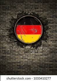 3d Rendering Of A Germany Flag Over A Rusty Metallic Plate Embedded On An Old Brick Wall